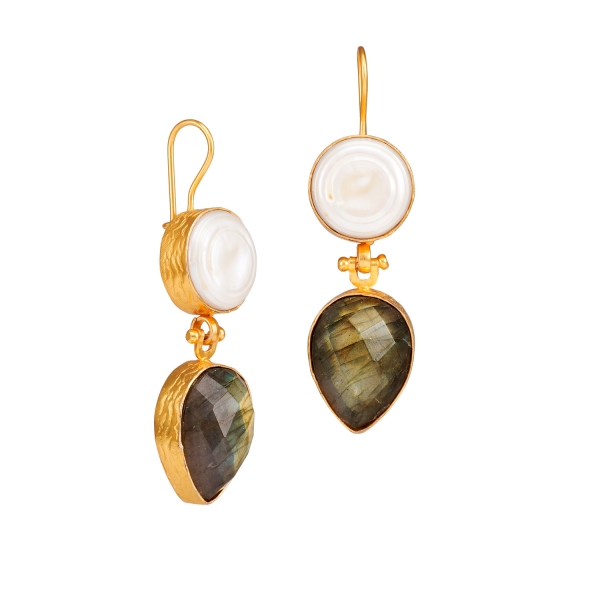 Earring made from brass, goldplated, Labradorite, baroque pearl