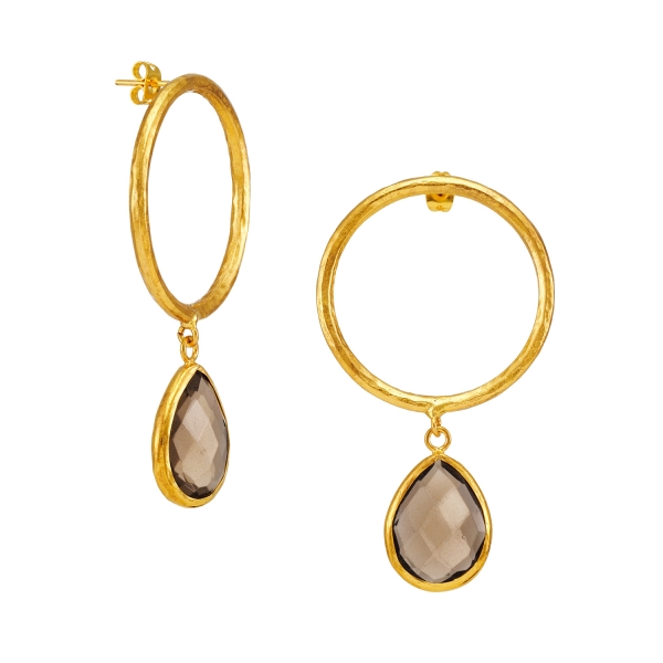Fashionable earring made from brass, goldplated with smokey quarz