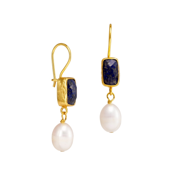 Earring made from brass, goldplated with Lapislazuli, baroque pearl