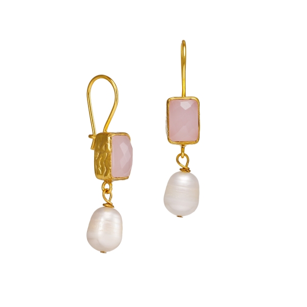 Fashionable earring made from brass, goldplated with Rosequartz and baroque pearl