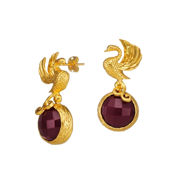 Fashionable earring, brass goldplated, with red Jade