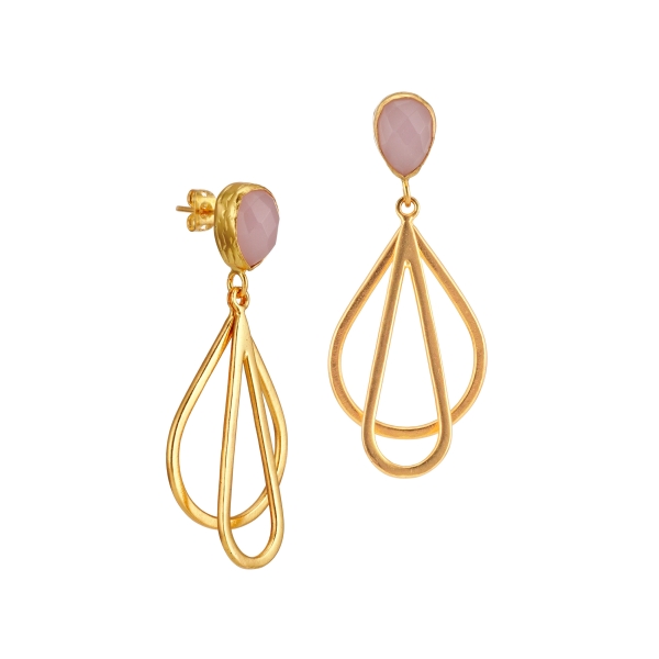 Fashionable earring, brass goldplated, with Rosequartz