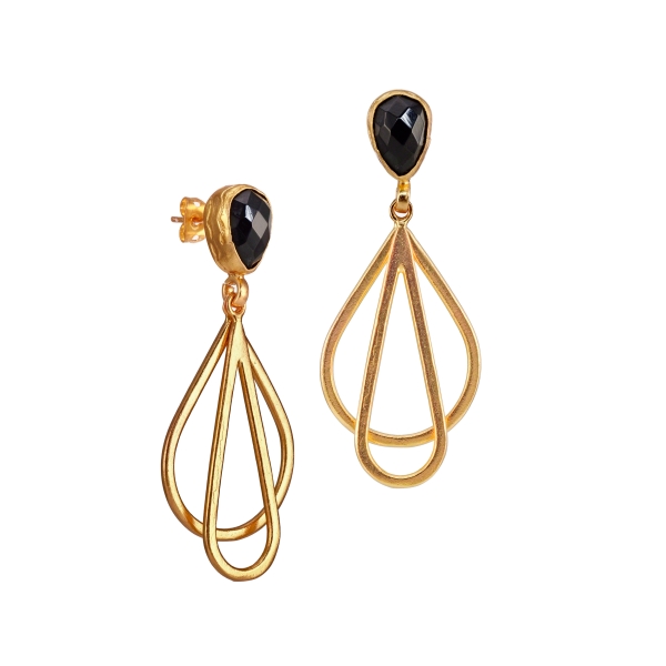 Fashionable earring, brass goldplated, with Onyx