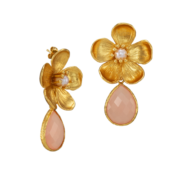 Ohrring aus Messing, vergoldet mit Perle und heller Rosenquarz