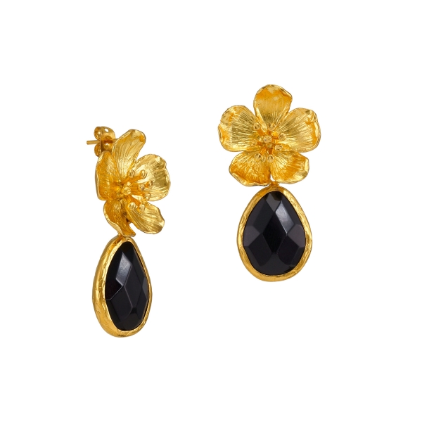 Earring made from brass, goldplated with Onyx