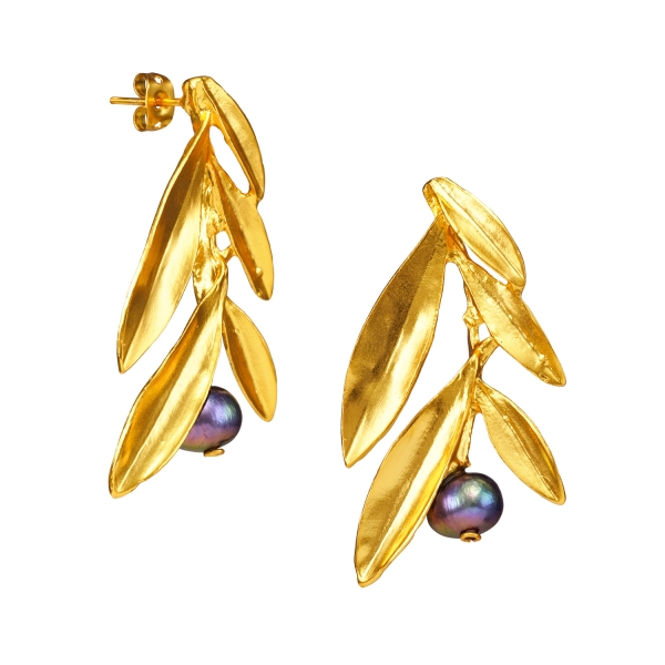 Fashionable earring, brass goldplated, black pearl