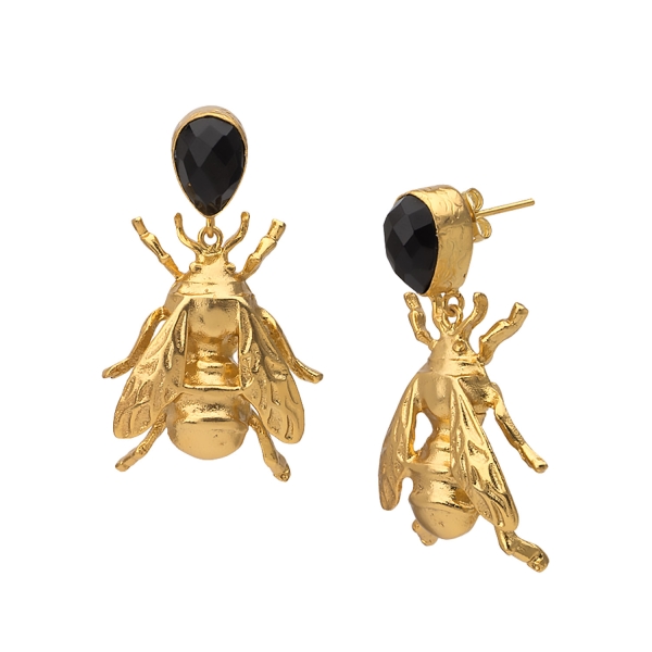 Earring made from brass, goldplated, Onyx
