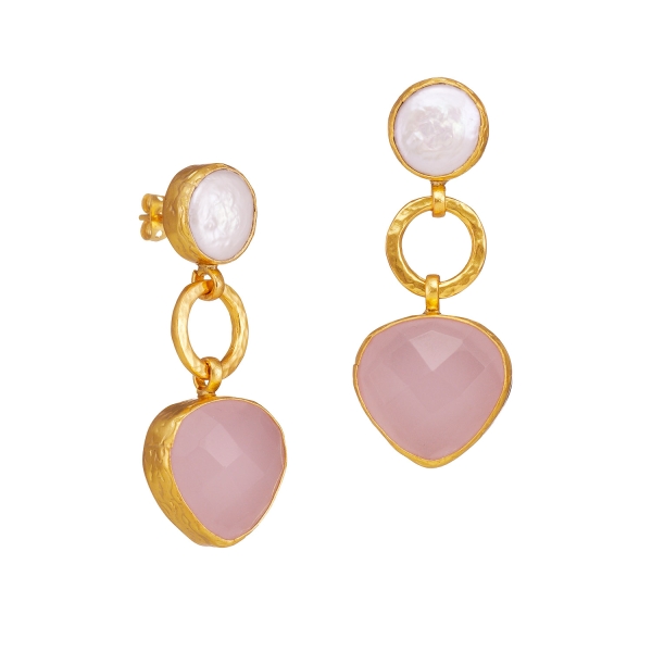 Earring made from brass, goldplated, Rosequartz/baroque pearl