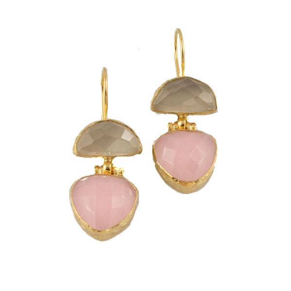 Earring made from brass, goldplated, white Chalcedony, Rosequartz