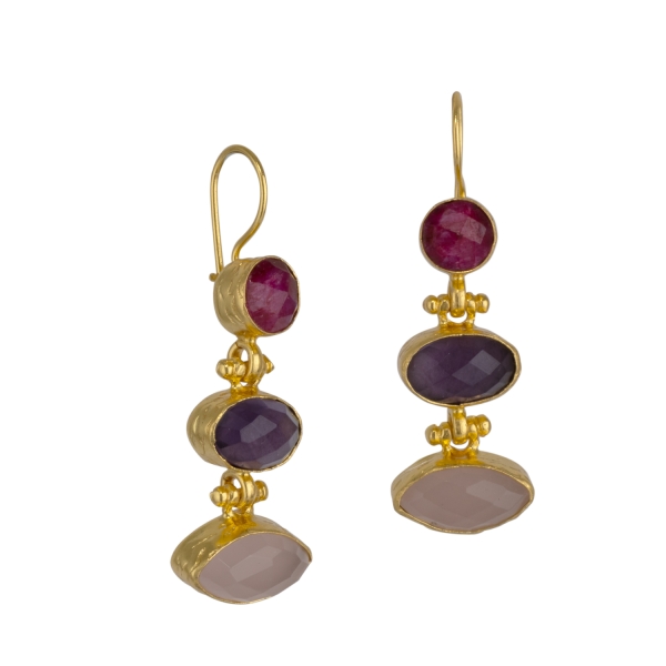 Earring made from brass, goldplated, Ruby, Amethyst, Rosequartz