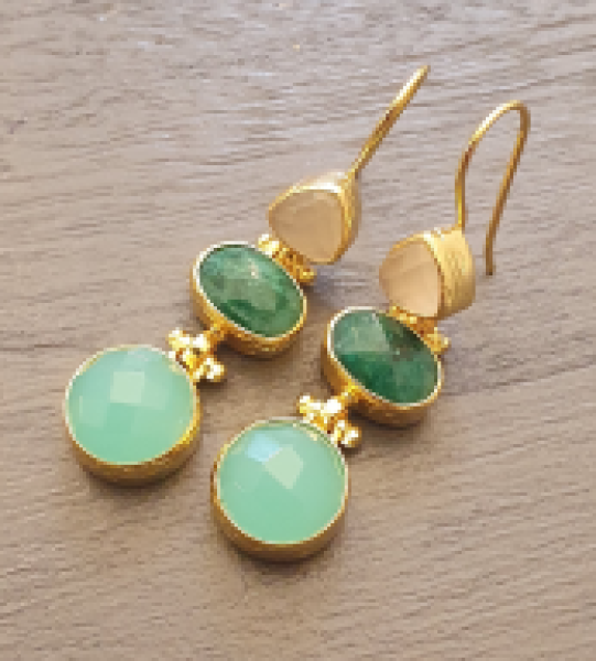 Ohrringe aus Messing, vergoldet, Aquachalcedon, Chalcedon, Smaragd