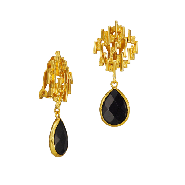 Ohrclips aus Messing, vergoldet, Onyx