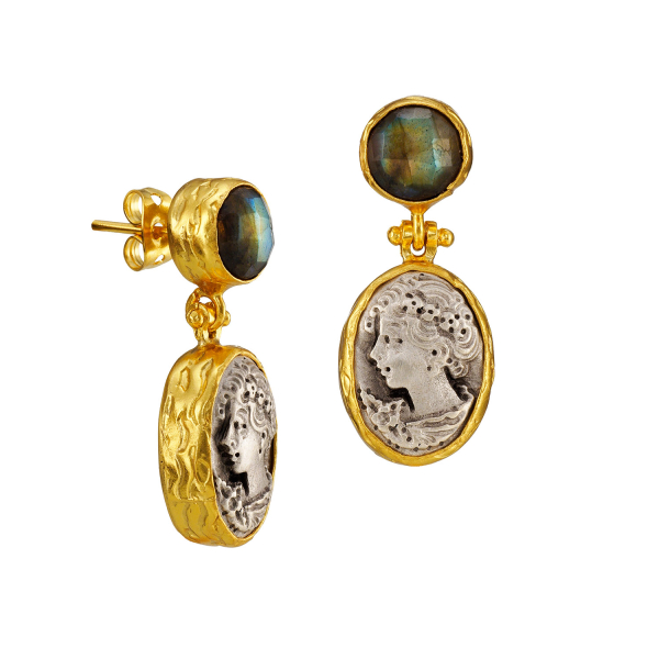 Ohrring aus Messing, vergoldet/versilbert, Labradorit