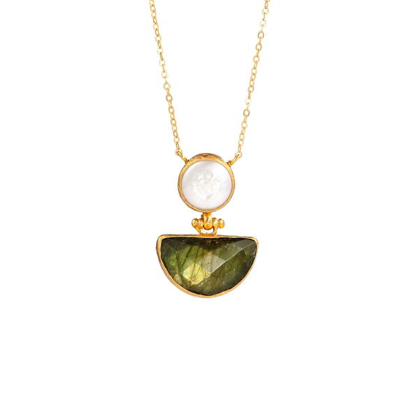 Necklace made from brass, goldplated, Labradorite + baroque pearl