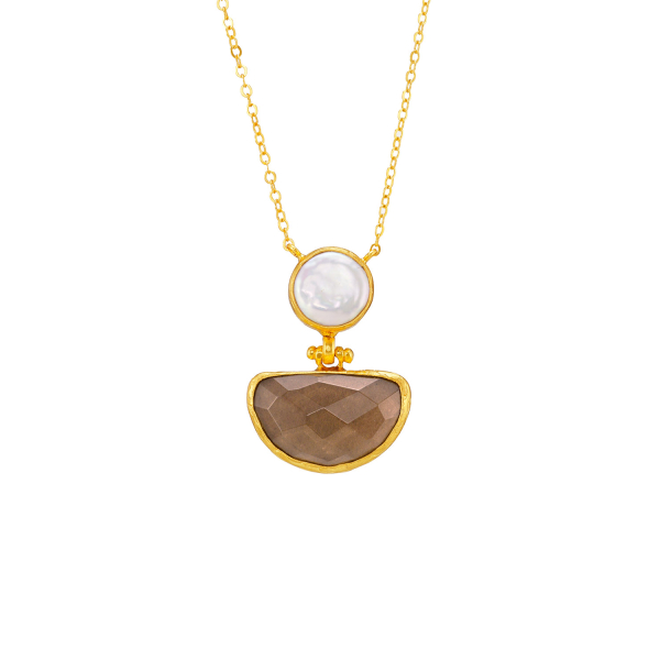 Necklace made from brass, goldplated, smoky Quartz + baroque pearl