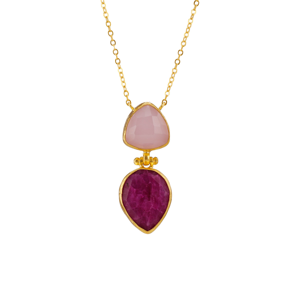 Kette aus Messing, vergoldet, Rosenquarz/Rubin