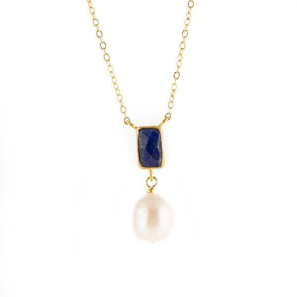 Fashionable necklace made from brass, goldplated with Lapislazuli and baroque pearl