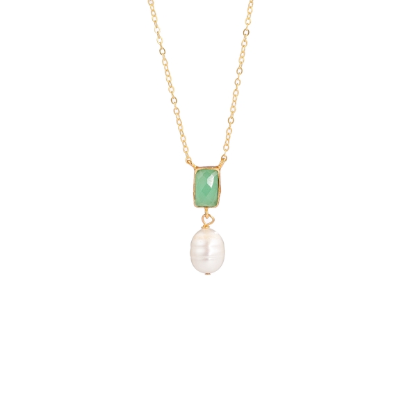 Fashionable necklace made from brass, goldplated with aqua Chalcedony and baroque pearl
