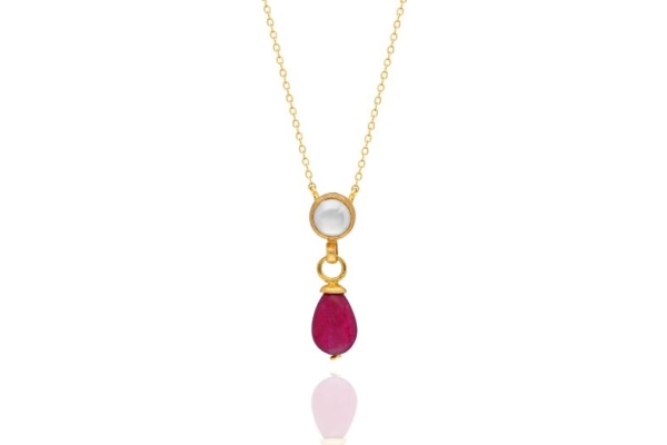 Necklace made from brass, goldplated, red Jade, pearl