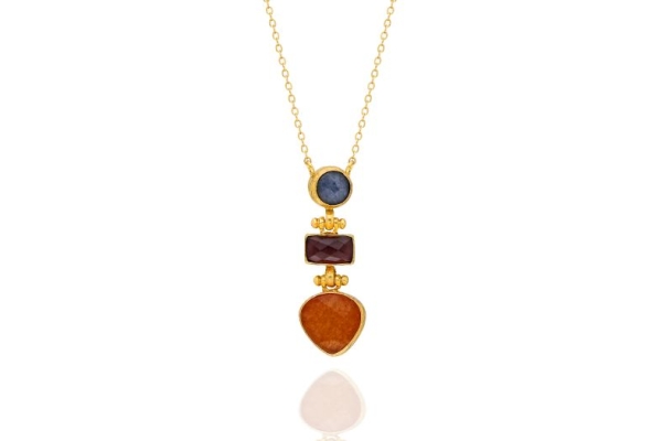 Necklace made from brass, goldplated, orange, greyblue Chalcedony, Amethyst