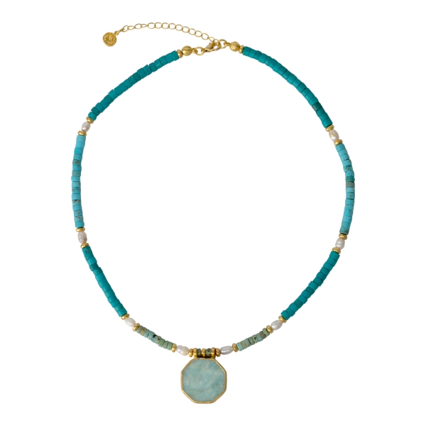 Kette aus Messing, vergoldet, Chalcedon/Türkis, Perle