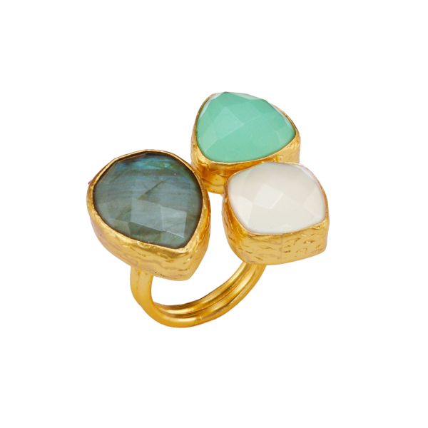 Ring made from brass, goldplated, with Labradorite/aqua Chalcedony/white Chalcedony