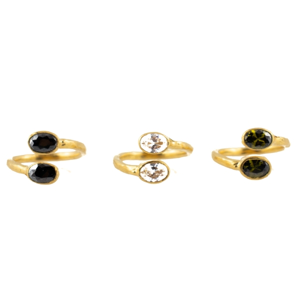 Ringset/3 made from brass, goldplated, green/crystal clear/black
