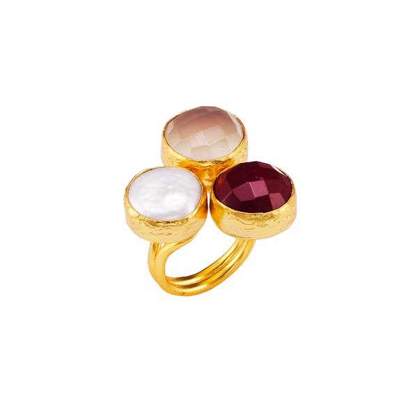 Ring aus Messing vergoldet, mit Roter Jade, Barockperle, dusty pinken Katzenauge