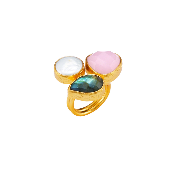 Ring aus Messing vergoldet, mit Labradorit, Rosenquarz, Barockperle
