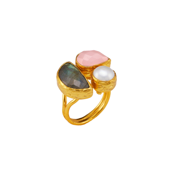 Ring made from brass, goldplated, Labradorite, Rosequartz, pearl