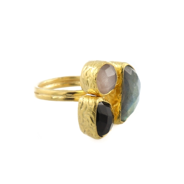 Ring aus Messing vergoldet, Onyx, Labradorit, Dusty Pink Katzenauge