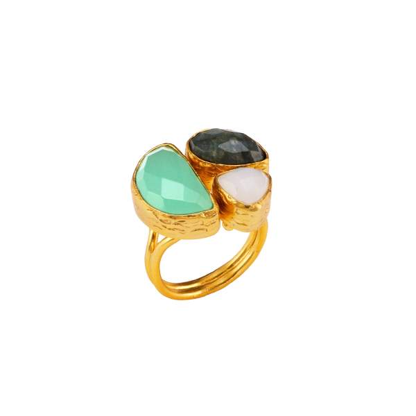 Ring made from brass, goldplated, with Labradorite, white small Chalcedony and aqua Chalcedony