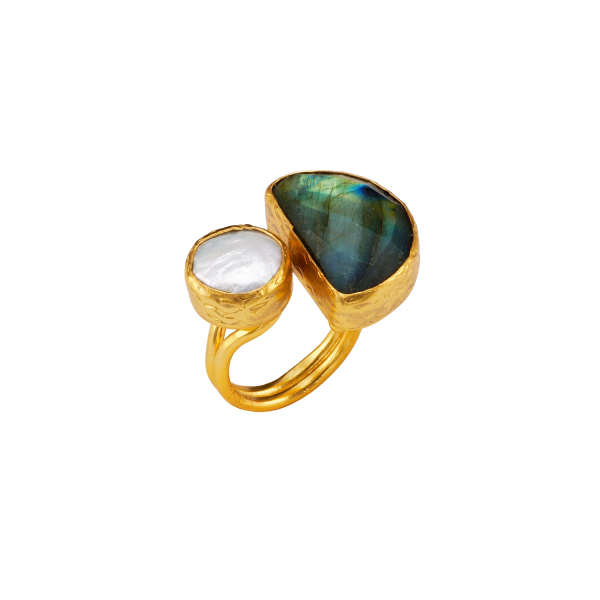 Ring made from brass, goldplated, Labradorite, pearl