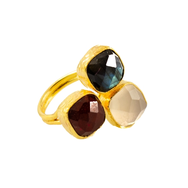 Ring made from brass, goldplated, Ruby, Chalcedony, Labradorite