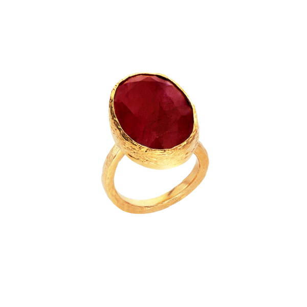 Ring made from brass, goldplated, red Jade