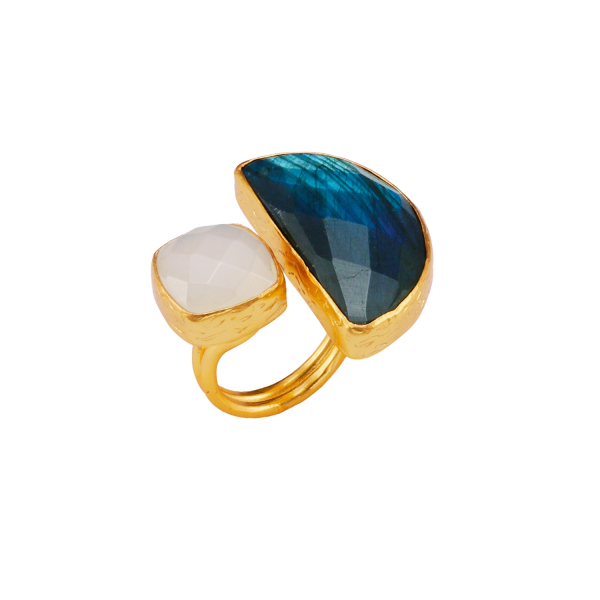 Ring made from brass, with Labradorite and white Chalcedony