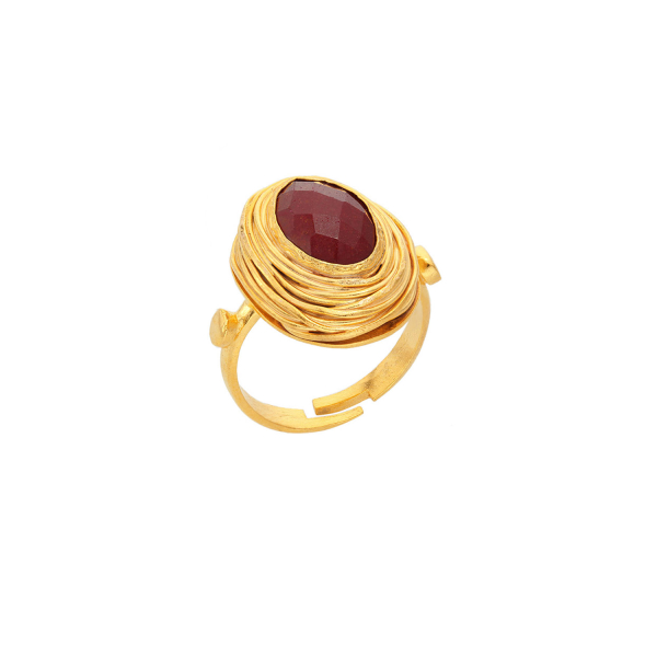 Ring made from brass, goldplated, red Jade
