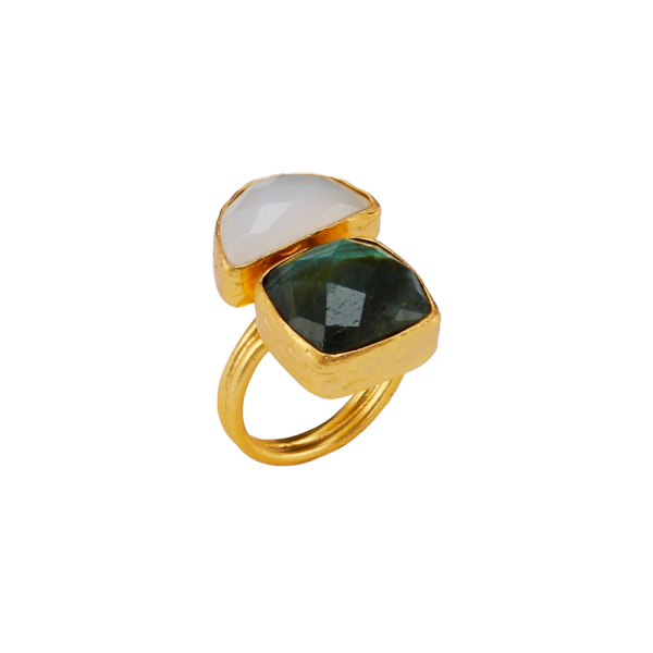 Ring made from brass, goldplated, with Labradorite and white Chalcedony