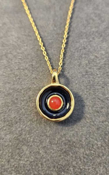 Necklace made from brass, goldplated, enamel, orange quarz