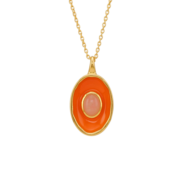 Kette aus Messing, vergoldet, Emaille, pink Quartz