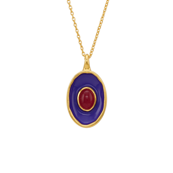 Kette aus Messing, vergoldet, Emaille, roter Quartz