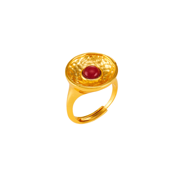 Ring made from brass, goldplated, red pink quarz