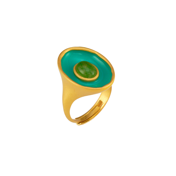 Ring made from brass, goldplated, enamel, green quarz