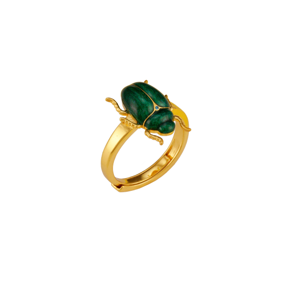 Ring made from brass, beetle, goldplated, enamel, blue chalcedony