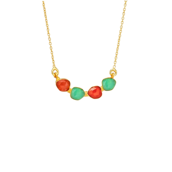 Necklace made from brass, goldplated, aqua and orange colored Onyx