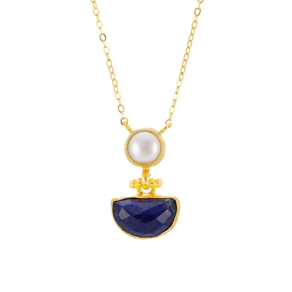 Necklace made from brass, goldplated, Lapislazuli, pearl