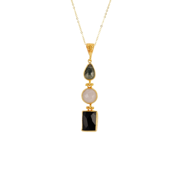 Necklace made from brass, goldplated, Chalcedony, Rutilated Quartz, Onyx