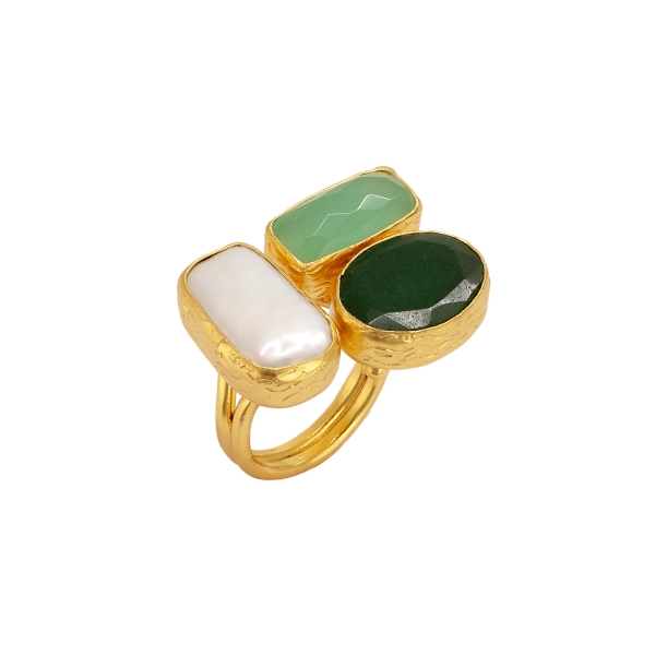 Ring made from brass, goldplated, aqua Chalcedony/ green Jade/ baroque pearl